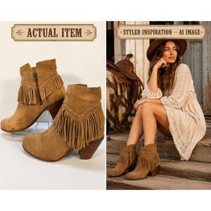 Gianni Bini Fringe Ankle Boots Womens Western Boho Tan 8.5M Good Bohemian